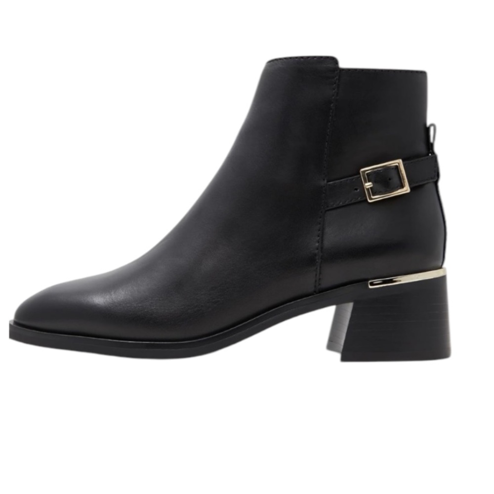 NEW! ALDO Serrafina Ankle Boot Leather Block Heel Black With Gold Decor Size 8